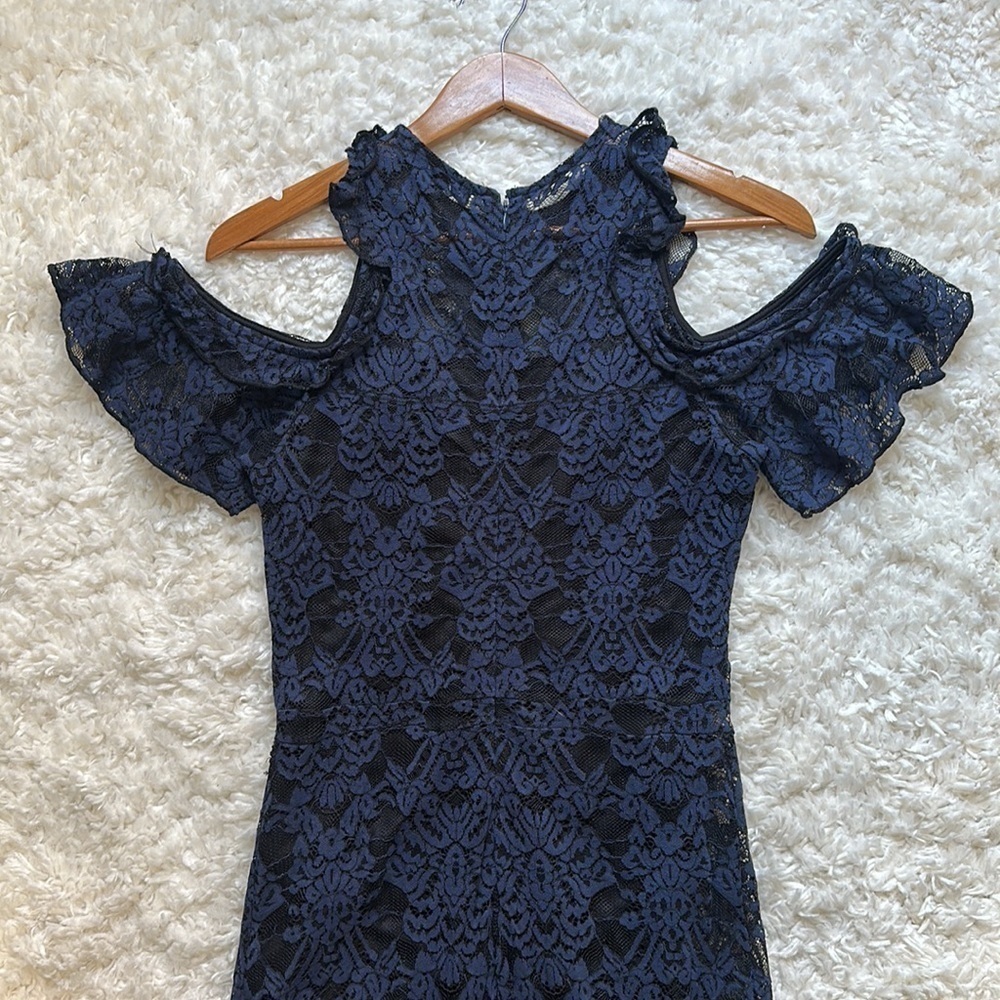 T.D.C navy lace cold shoulder fitted mermaid ruffle party cocktail midi dress - Picture 6 of 7